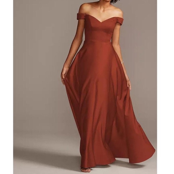 David's Bridal Dresses & Skirts - Off-Shoulder Cinnamon / Rust Satin A-Line Dress